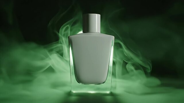 An abstract perfume bottle is placed amongst swirling green smoke in a dark environment
