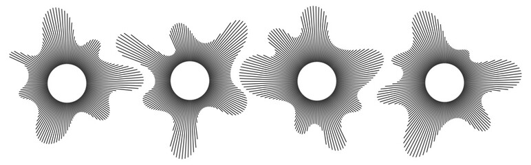 Radial audio wave vector set with circular music rings, round voice icons and flat equalizer spectrum symbols, clean graphic elements for UI, branding and web backgrounds