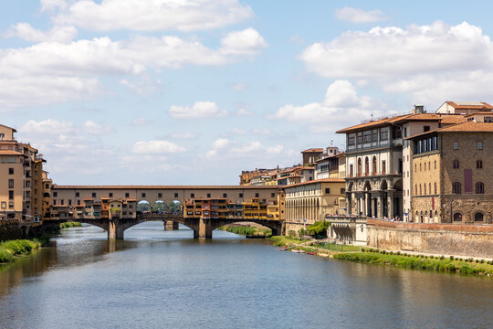 ponte vecchio florence tuscany italy with the uffizi and the galileo museum on the riverside sunny summer day