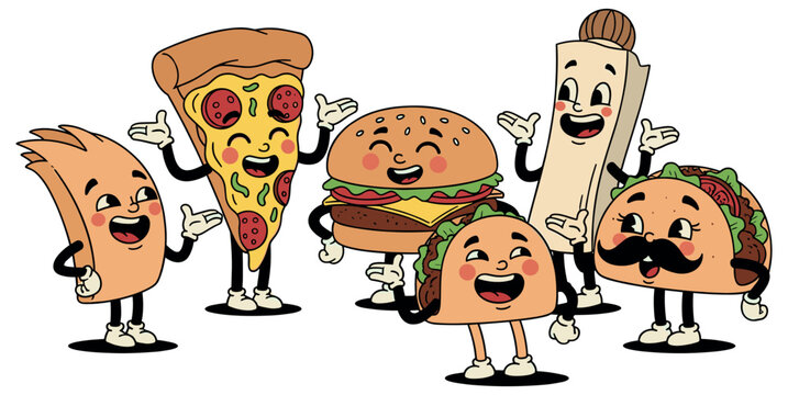 Joyful cartoon food characters pizza burger burrito and tacos celebrating with smiles