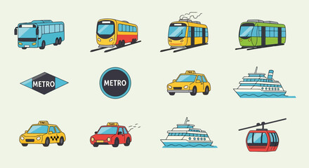 Collection of various public transportation vehicles and symbols. © Rizal