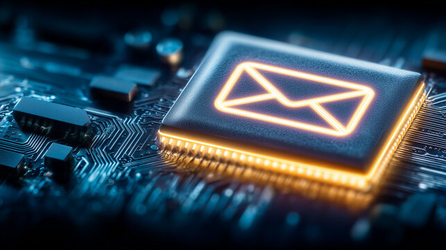 Email envelope symbol on microchip representing secure digital messaging and encrypted communication concept.
