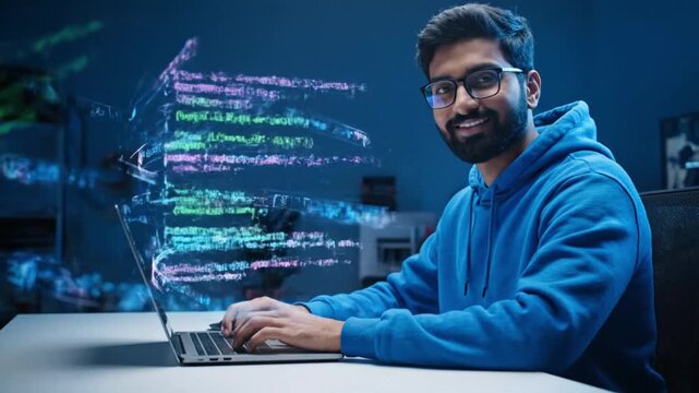 A young Indian man working on a laptop with coding interface graphics in a dark business office