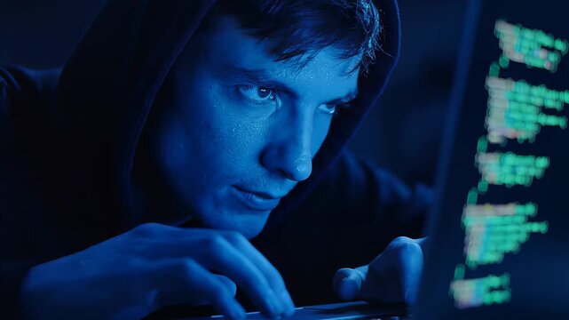 A focused young man in a hoodie types code on a computer, illuminated by screen light in a dim environment.