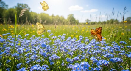 Vibrant Summer Meadow with Blue Forget-Me-Nots and Butterflies Under Bright Sunlight