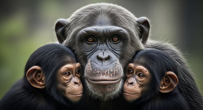 Heartwarming scene of a chimpanzee and two babies