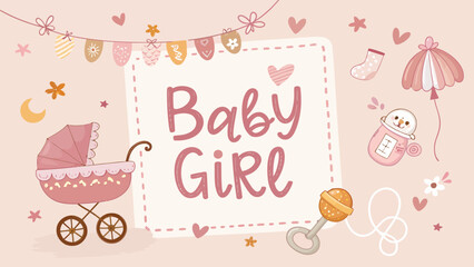 Baby girl arrival greeting design soft pink background with stroller toys and accessories
