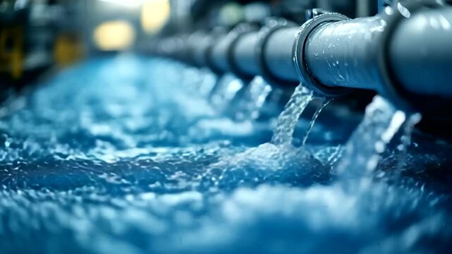 Water flowing through industrial pipes in a factory