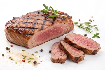 Grilled Steak with Herbs and Spices on White Background