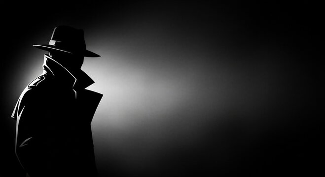 Man in trench coat and fedora hat as a detective or spy. Covert investigation and secret service concept. Private investigator.