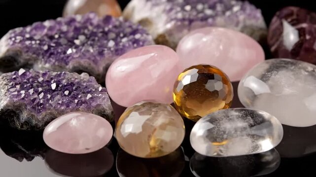 A collection of polished gemstones, including rose quartz, amethyst, and citrine, on a reflective surface.
