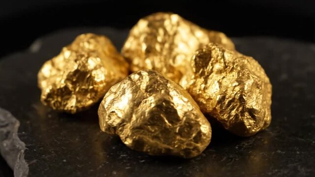 Golden nuggets on a dark surface with a black background