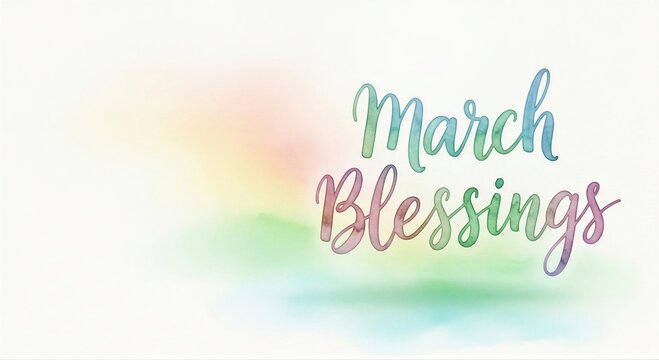 March blessings elegant calligraphy with soft watercolor background for Saint Patrick Day greeting card. Spring monthly design.