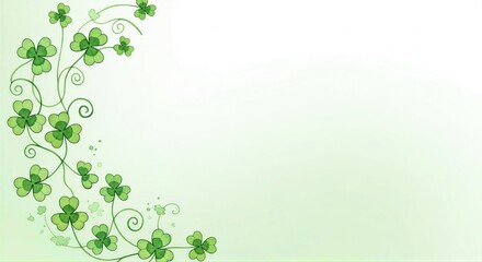 Shamrocks and vines forming a decorative border on a light green background. St Patricks Day celebration and Irish luck concept.