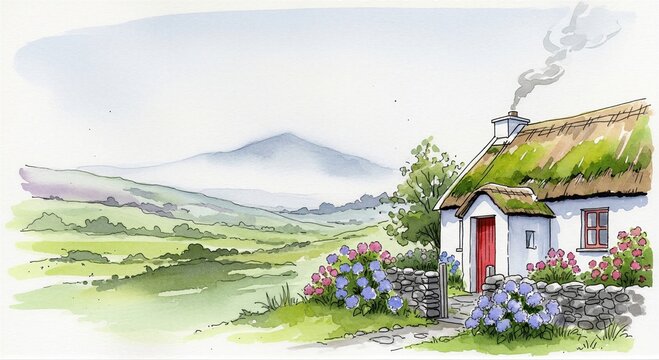 Traditional Irish cottage with thatched roof and red door in a lush green landscape. Watercolor illustration for Saint Patrick Day greeting card.
