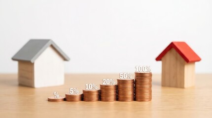 Miniature wooden houses and ascending stacks of shiny copper coins displaying increasing percentages on a light wooden surface against a clean white background 