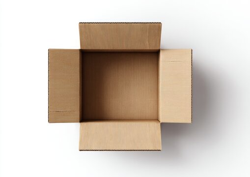 Overhead shot of an empty, opened cardboard box on a stark white background