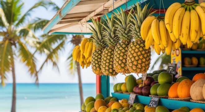 Tropical Fruit Stand with Ocean View and Palm Trees