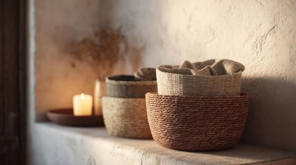 Fototapeta premium Three woven baskets on a white shelf against a beige wall. the baskets are made of woven straw and have a light brown color.