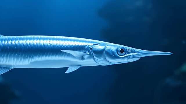 Close-up of a garfish swimming underwater, showcasing its elongated snout and silver scales
