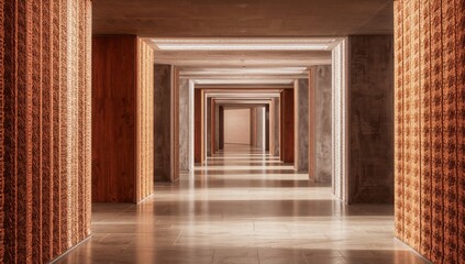 Fototapeta premium Long Hallway With Lights and Textured Walls in a Modern Building at Midday