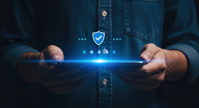 person holding smartphone with glowing blue security shield and checkmark on screen in dark environment