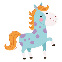 Cute children's illustration, cute blue horse with lilac spots. Flat vector illustration . Vector illustration