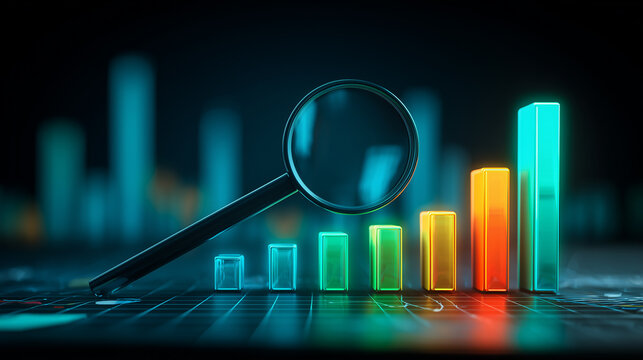 Magnifying glass examining a rising bar chart representing performance measurement, market research and data driven business growth.
