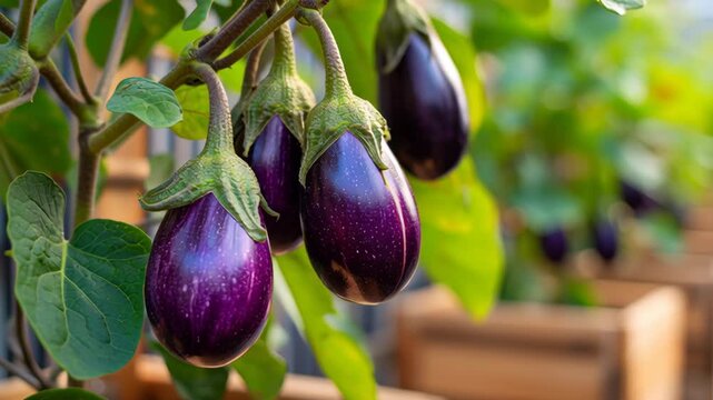 Fresh eggplants growing and ripening on a bush. Close-up view of aubergine plant with juicy eggplant cluster. Homegrown healthy food. Gardening, control examining harvesting of organic produce