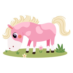 Cute children's illustration, cute pink horse eating grass. Flat vector illustration . Vector illustration