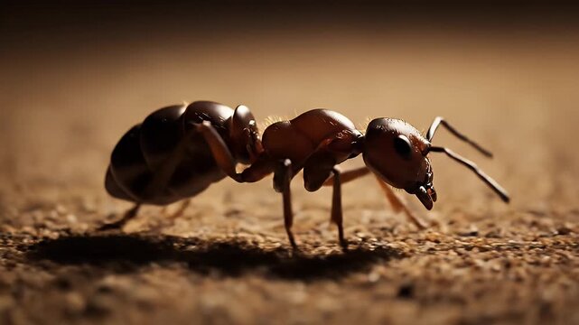 Close-up macro photograph of a single ant in sharp focus on textured sandy ground with dramatic lighting