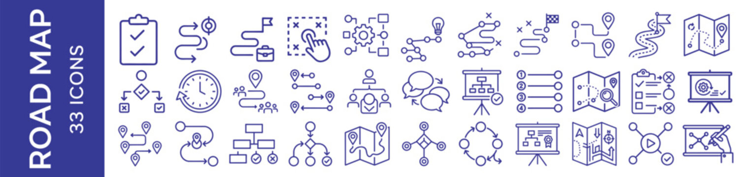 Roadmap workflow icon set, business planning and strategy outline vector collection on transparent background