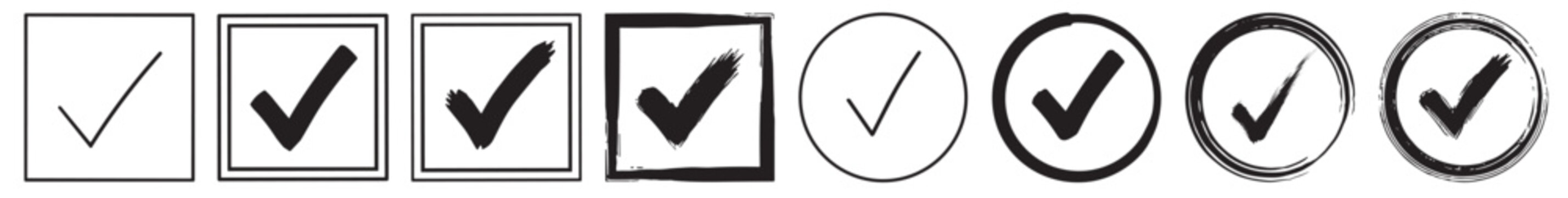 Checkmark and checkbox icon set, tick approval symbols, outline and hand drawn brush style vector collection on transparent background