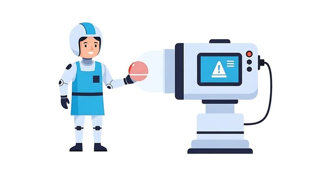 Robot inspecting a red ball next to a large industrial X-ray machine