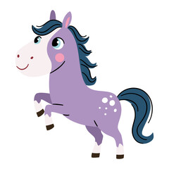 Cute children's illustration, cute lilac horse standing on its hind legs. Flat vector illustration. . Vector illustration