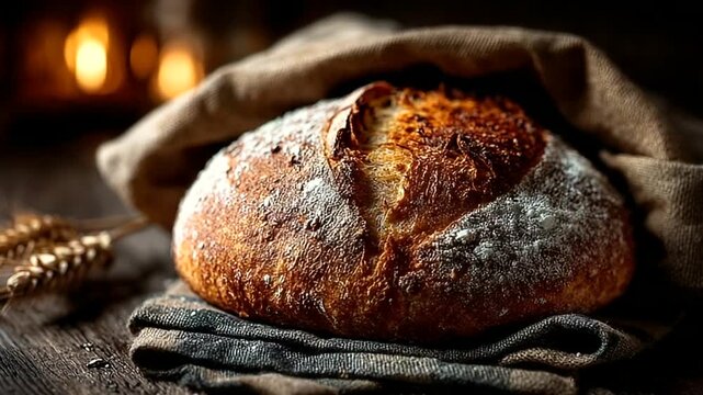 Freshly baked artisanal bread resting on a rustic cloth in warm lighting