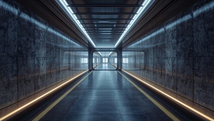 Fototapeta premium Modern Hallway With Sleek Walls and Bright Lights in a Futuristic Setting