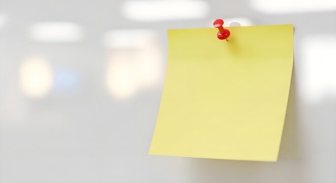 Yellow Sticky Note: Blank adhesive paper pinned to office whiteboard with red thumbtack, office supplies, reminder and message board, communication and task management concept