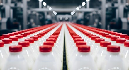 Obraz premium Milk Production Line: Long rows of white plastic bottles with red caps on conveyor belt, industrial dairy factory, mass manufacturing, distribution and supply chain concept