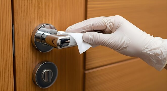 Surface Disinfection Hygiene: Hand in white glove wiping metal door handle with sanitizing cloth, virus prevention and safety, healthcare cleaning, protection and sterilization concept