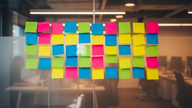 Brightly colored sticky notes on a glass wall in an office space showing teamwork and planning during the day