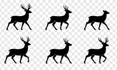 Fototapeta premium Deer silhouette collection featuring standing and running poses, perfect for wildlife vector projects and outdoor-themed designs. 