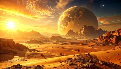 A surreal desert landscape bathed in golden sunlight, a massive planet dominates the horizon, rocky terrain