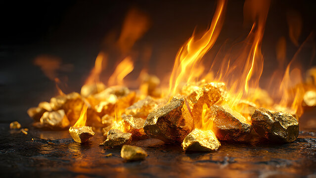 Raw gold nuggets intensely burning with vibrant orange and yellow flames on a dark, textured surface, creating a dramatic and fiery scene.