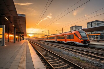 Obraz premium Modern High-Speed Passenger Train at Railway Station During Sunset