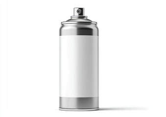 Isolated, metallic spray can with a blank label, viewed from a slightly low angle