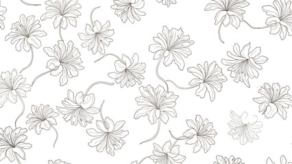 Elegant seamless pattern of white lily flowers with delicate line art details over a clean white background for wedding decor.