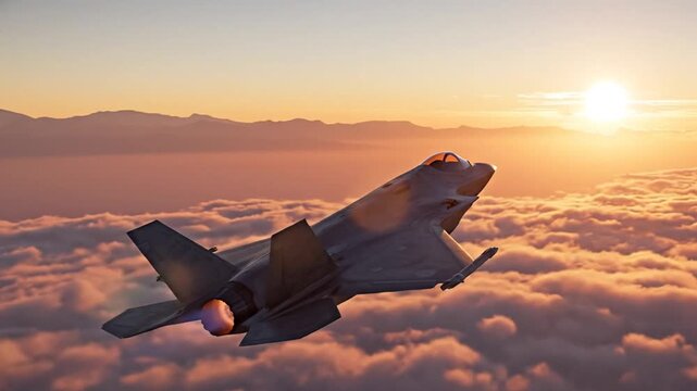 F35 fighter jet in flight above clouds into a vibrant sunset. Suitable for military, aviation, technology, and transportation concepts.