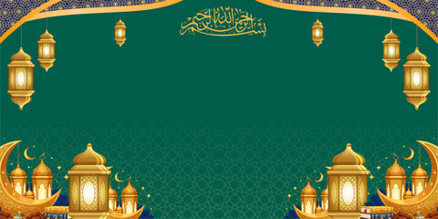 ramadhan kareem. islamic greetings ramadan kareem card design background with lanterns and crescent moon. vector illustration © Wiwit