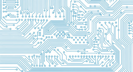 Blue Circuit Board Pattern with Electronic Components and Wiring.